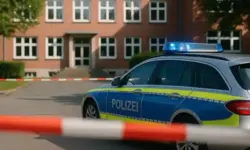 Polizeifahrzeug mit Blaulicht steht vor einer abgesperrten Schule bei Tageslicht.