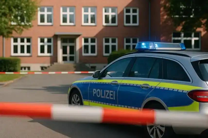 Polizeifahrzeug mit Blaulicht steht vor einer abgesperrten Schule bei Tageslicht.
