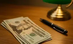 Ein Stapel US-Dollar-Scheine liegt auf einem Holztisch neben einem schwarzen Stift und einer grünen Bankerlampe.