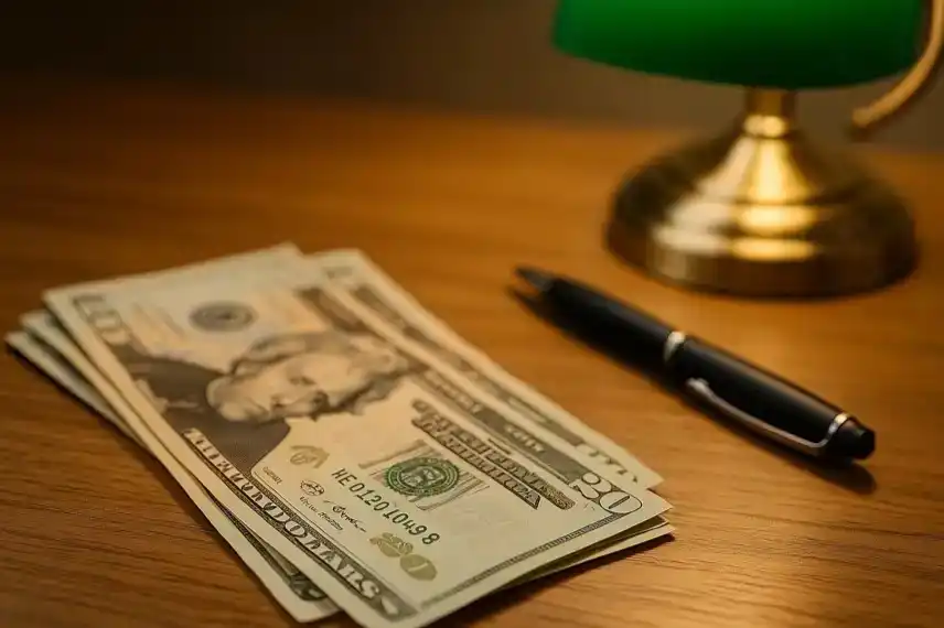 Ein Stapel US-Dollar-Scheine liegt auf einem Holztisch neben einem schwarzen Stift und einer grünen Bankerlampe.
