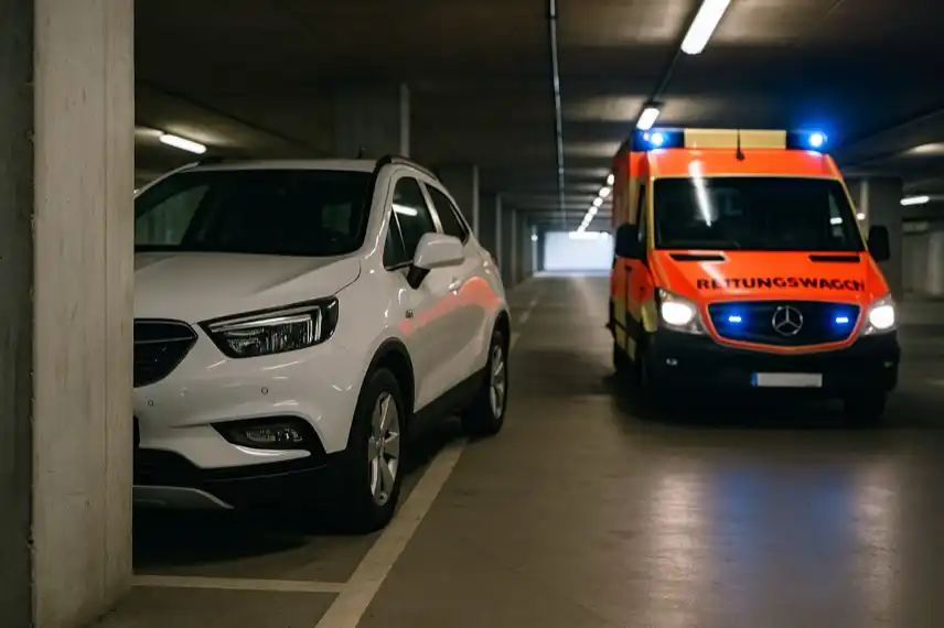 Rettungswagen in Tiefgarage Hamburg-Wandsbek, Darstellung eines tragischen Unfalls als illustrative Nachstellung für Newsartikel.