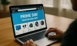 Amazon October Prime Day 2025 – Person am Laptop beim Stöbern durch Prime Big Deal Days Angebote mit Elektronik und Technik-Produkten.