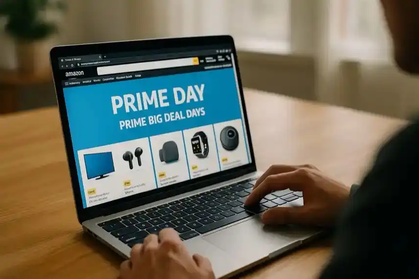 Amazon October Prime Day 2025 – Person am Laptop beim Stöbern durch Prime Big Deal Days Angebote mit Elektronik und Technik-Produkten.