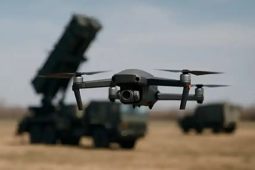 Fotorealistisches Symbolbild einer Drohne in der Luft mit unscharfen Militärfahrzeugen im Hintergrund, Nachstellung zum Thema Drohnen-Abschuss-Gesetz.