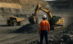 australischer Bergbau – Bagger und Lastwagen in einer offenen Mine mit Arbeiter im Vordergrund, fotorealistisch aufgenommen.