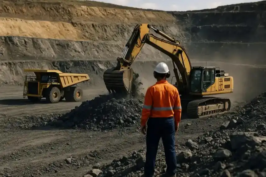 australischer Bergbau – Bagger und Lastwagen in einer offenen Mine mit Arbeiter im Vordergrund, fotorealistisch aufgenommen.