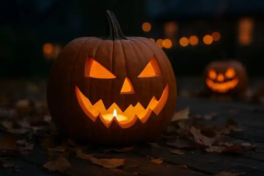 Leuchtender geschnitzter Kürbis mit Kerze auf Holzuntergrund, umgeben von Herbstblättern, im Hintergrund unscharf weitere beleuchtete Kürbisse.