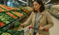 Frau mit Einkaufswagen wählt im Supermarkt frischen Brokkoli aus, im Hintergrund liegen verschiedene Obst- und Gemüsesorten.