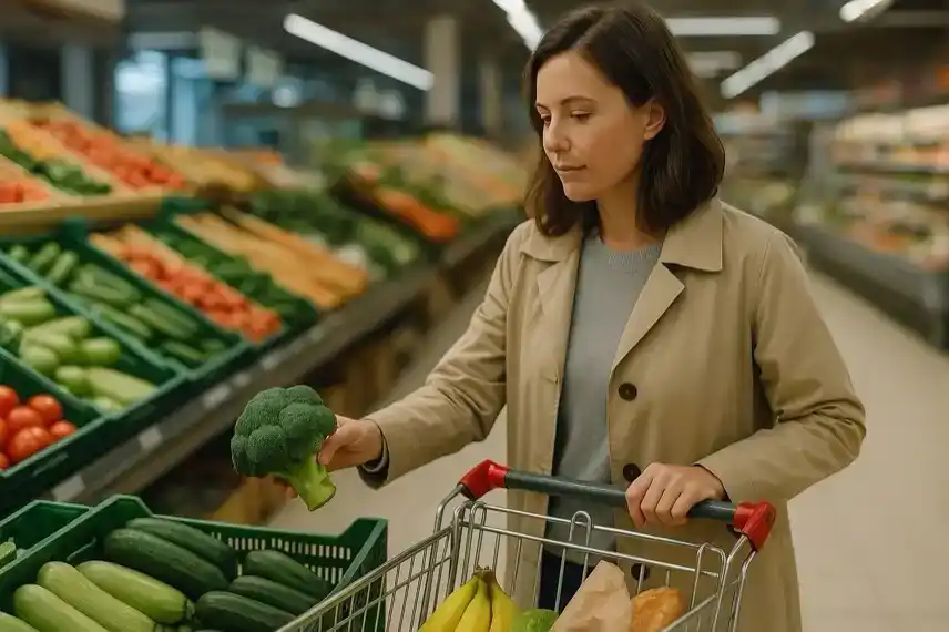 Frau mit Einkaufswagen wählt im Supermarkt frischen Brokkoli aus, im Hintergrund liegen verschiedene Obst- und Gemüsesorten.