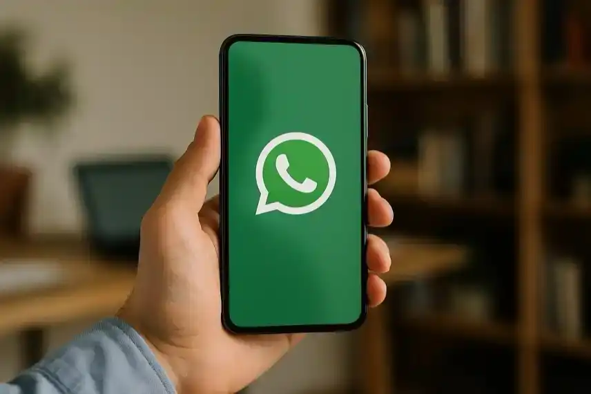 Hand hält ein Smartphone mit WhatsApp-Logo auf dem Display, im Hintergrund unscharf ein Schreibtisch mit Laptop und Regal.