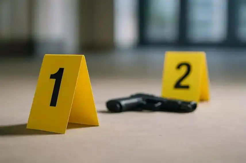 Tatort-Szene mit gelben Markierungen und einer Pistole auf dem Boden, unscharfer Hintergrund, Symbolfoto.