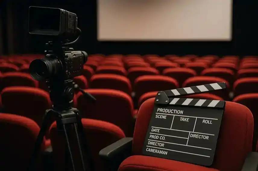 Professionelle Filmkamera auf Stativ und Filmklappe in einem leeren Kinosaal mit roten Sitzen.