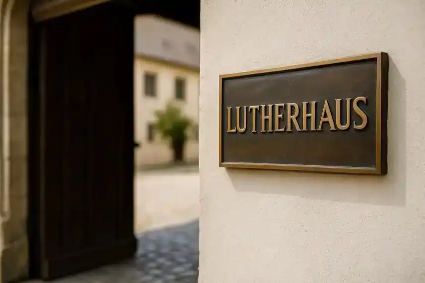 Bronzene Tafel mit der Aufschrift „Lutherhaus“ an einer hellen Hauswand neben einer geöffneten Holztür, im Hintergrund ein unscharfer Innenhof.
