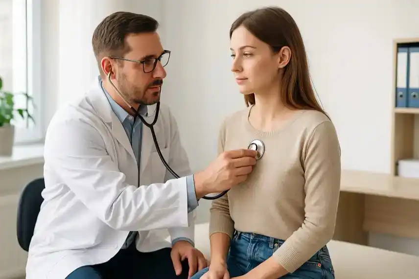 Ein Arzt hört mit einem Stethoskop den Brustbereich einer jungen Frau in einer hellen Arztpraxis ab.
