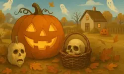 Ein helles Halloween-Bild mit einem leuchtenden Kürbis, einer geschnitzten Steckrübe und einem alten Haus im Hintergrund. Herbstlaub liegt am Boden, kleine Geister schweben in der Luft – Symbol für den Übergang von alten keltischen Ritualen zum modernen Halloween.