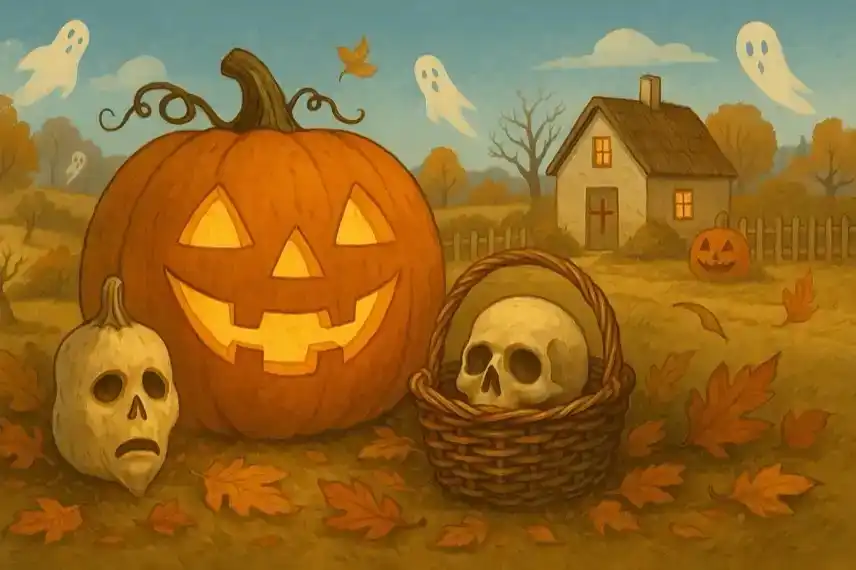 Ein helles Halloween-Bild mit einem leuchtenden Kürbis, einer geschnitzten Steckrübe und einem alten Haus im Hintergrund. Herbstlaub liegt am Boden, kleine Geister schweben in der Luft – Symbol für den Übergang von alten keltischen Ritualen zum modernen Halloween.
