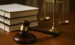 Richterhammer, Waage und Aktenstapel auf einem Holztisch in warmem Licht.