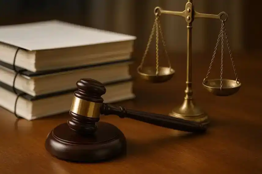 Richterhammer, Waage und Aktenstapel auf einem Holztisch in warmem Licht.