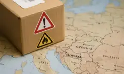 Ein braunes Paket mit Warnsymbolen steht auf einer Landkarte von Tschechien und der Slowakei.