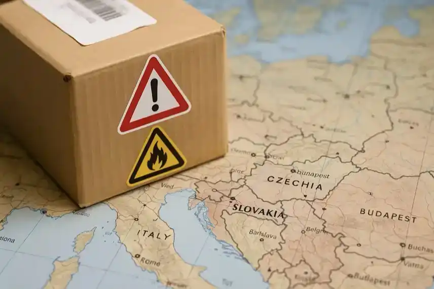 Ein braunes Paket mit Warnsymbolen steht auf einer Landkarte von Tschechien und der Slowakei.