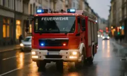 Rotes Feuerwehrfahrzeug mit eingeschaltetem Blaulicht fährt durch eine nasse Stadtstraße bei Abendlicht.