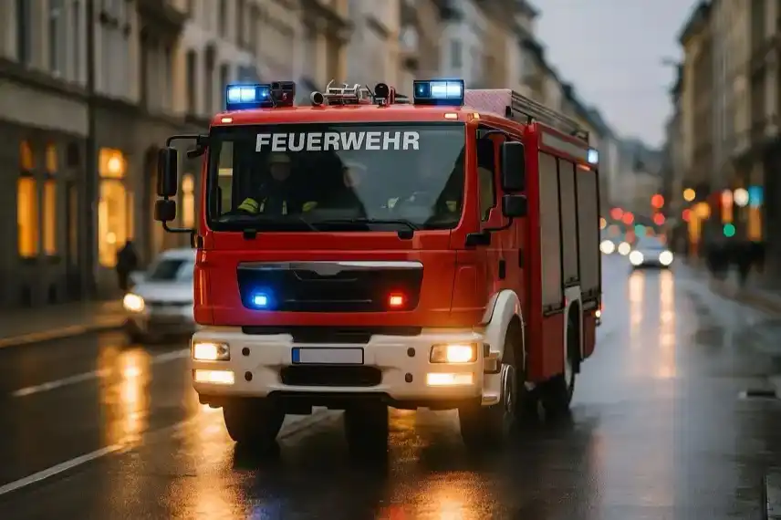 Rotes Feuerwehrfahrzeug mit eingeschaltetem Blaulicht fährt durch eine nasse Stadtstraße bei Abendlicht.