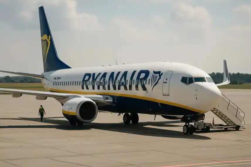 Ein Passagierflugzeug steht auf dem Rollfeld bei Sonnenschein, mit Bodenpersonal und geöffneter Treppe im Hintergrund.