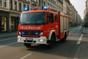 Ukrainische Flagge im Vordergrund, dahinter mehrere EU-Flaggen vor einem Regierungsgebäude.