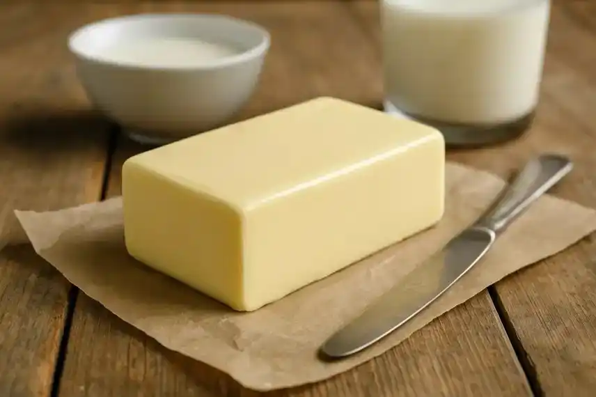 Ein Stück Butter liegt auf braunem Papier neben einem Messer, im Hintergrund sind Milch und eine Schale zu sehen.