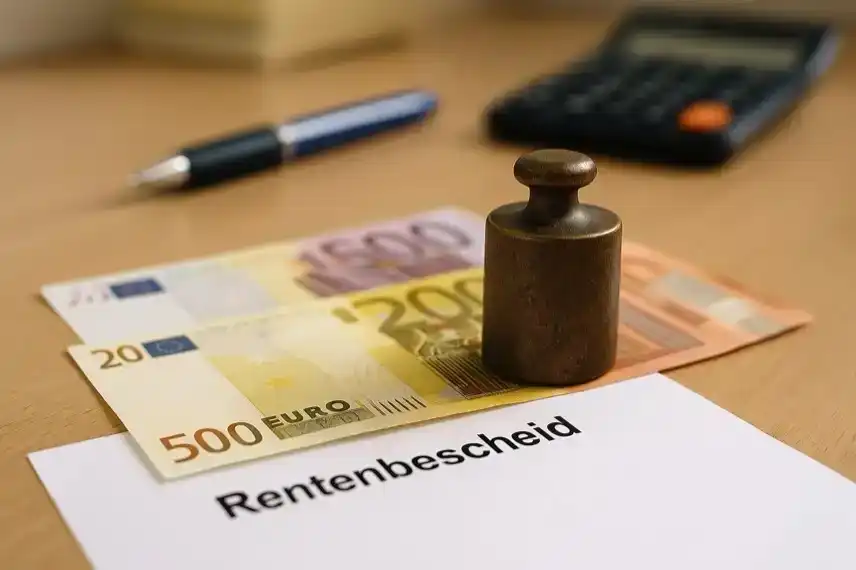 Rente: Euro-Geldscheine, Rentenbescheid und Schreibtisch – Hinweis auf Frist der Deutschen Rentenversicherung Ende Oktober 2025.