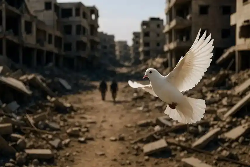 Gaza: Weiße Taube fliegt vor zerstörten Gebäuden als Zeichen für Hoffnung und Frieden im Nahostkonflikt.