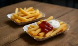 Zwei Schalen Pommes auf Holztisch, eine mit Ketchup und Mayo, eine ohne – Nachstellung der RB Leipzig Werbeaktion gegen Borussia Dortmund.