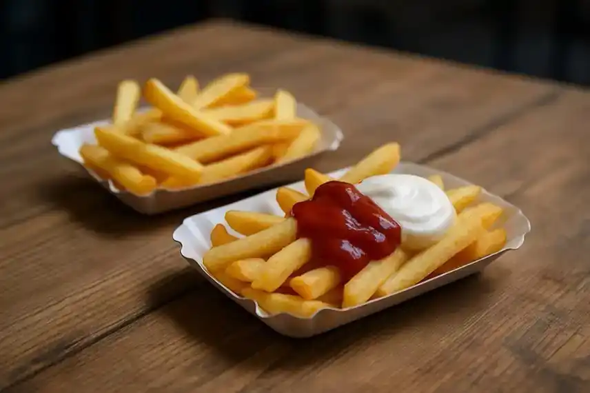 Zwei Schalen Pommes auf Holztisch, eine mit Ketchup und Mayo, eine ohne – Nachstellung der RB Leipzig Werbeaktion gegen Borussia Dortmund.
