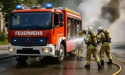 Feuerwehrfahrzeug und Einsatzkräfte beim Löschen eines Brandes, generisch dargestellt zur Illustration eines Artikels über einen Busbrand in Karlsruhe.