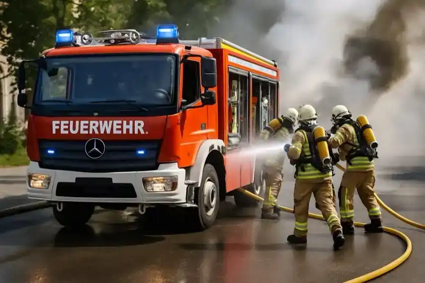 Feuerwehrfahrzeug und Einsatzkräfte beim Löschen eines Brandes, generisch dargestellt zur Illustration eines Artikels über einen Busbrand in Karlsruhe.