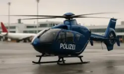 Polizeihubschrauber auf dem Rollfeld als Symbolbild zum Drohnen-Alarm am Münchner Flughafen 2025, fotorealistische Darstellung.