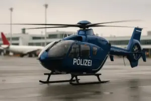 Polizeihubschrauber auf dem Rollfeld als Symbolbild zum Drohnen-Alarm am Münchner Flughafen 2025, fotorealistische Darstellung.