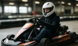 Go-Kart-Fahrers mit Helm auf einer Indoor-Kartbahn, symbolische Darstellung zum Vorfall in Köln mit Krankenhaus-Einlieferungen.