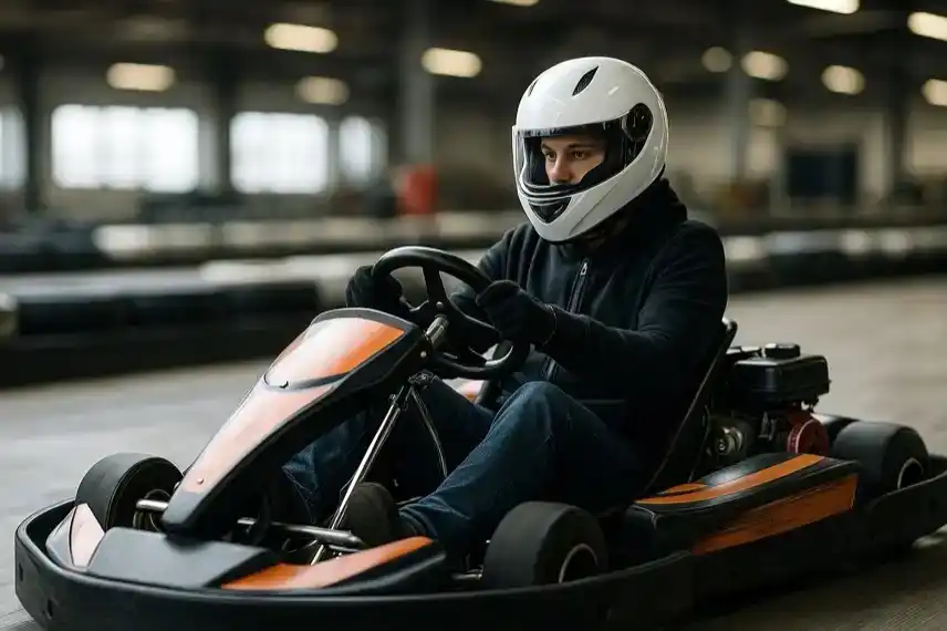 Go-Kart-Fahrers mit Helm auf einer Indoor-Kartbahn, symbolische Darstellung zum Vorfall in Köln mit Krankenhaus-Einlieferungen.