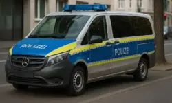 Deutscher Polizeieinsatzbus auf städtischer Straße, fotorealistisch dargestellt, als neutrale Illustration zum Artikel über Gelsenkirchen.