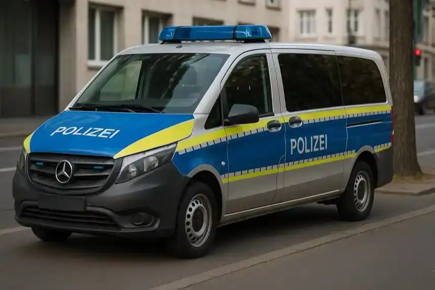 Deutscher Polizeieinsatzbus auf städtischer Straße, fotorealistisch dargestellt, als neutrale Illustration zum Artikel über Gelsenkirchen.