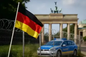 Migration Meeting München 2025 – Grenzzaun mit Stacheldraht und Polizeifahrzeug im Hintergrund, Darstellung für Migrationspolitik in Europa.