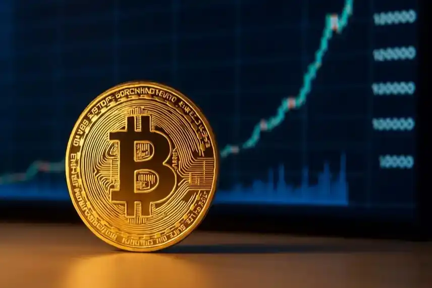 Bitcoin-Münze vor einem Chart mit steigendem Kurs – Darstellung des Bitcoin-Allzeithochs über 124.000 US-Dollar.