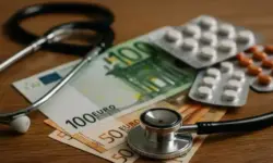 Krankenkassenbeiträge – Stethoskop, Euro-Banknoten und Tabletten zeigen die wachsenden Gesundheitskosten in Deutschland.