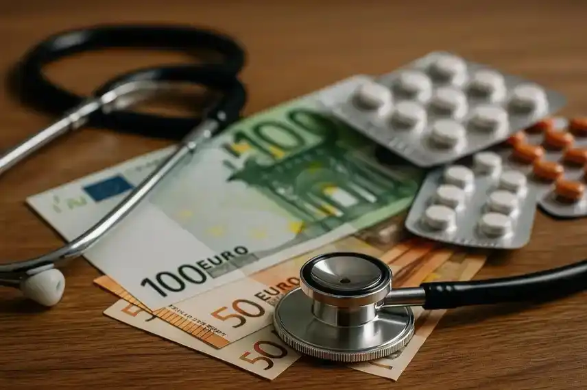 Krankenkassenbeiträge – Stethoskop, Euro-Banknoten und Tabletten zeigen die wachsenden Gesundheitskosten in Deutschland.