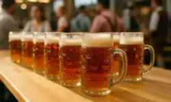 Oktoberfest 2025 mit Bierkrügen auf Holztisch im Festzelt, hell ausgeleuchtet, fotorealistisch, ohne erkennbare Personen.