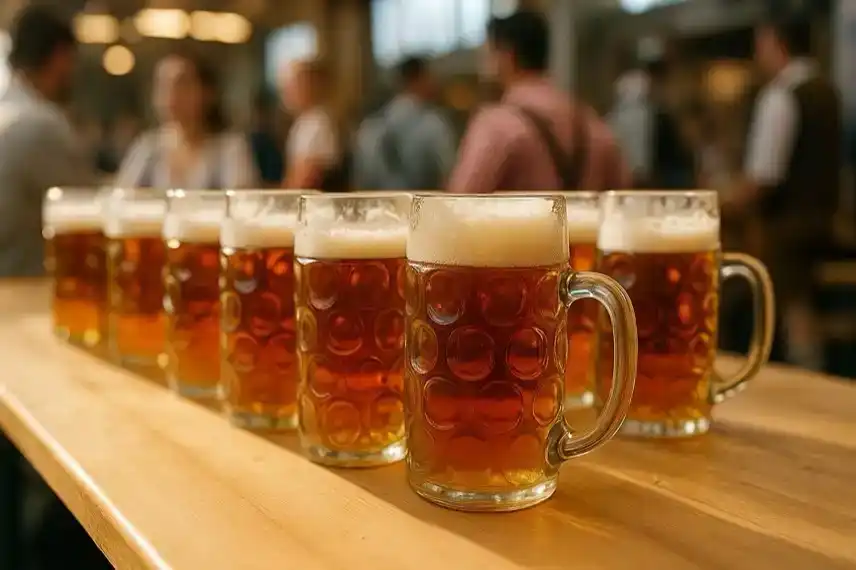 Oktoberfest 2025 mit Bierkrügen auf Holztisch im Festzelt, hell ausgeleuchtet, fotorealistisch, ohne erkennbare Personen.