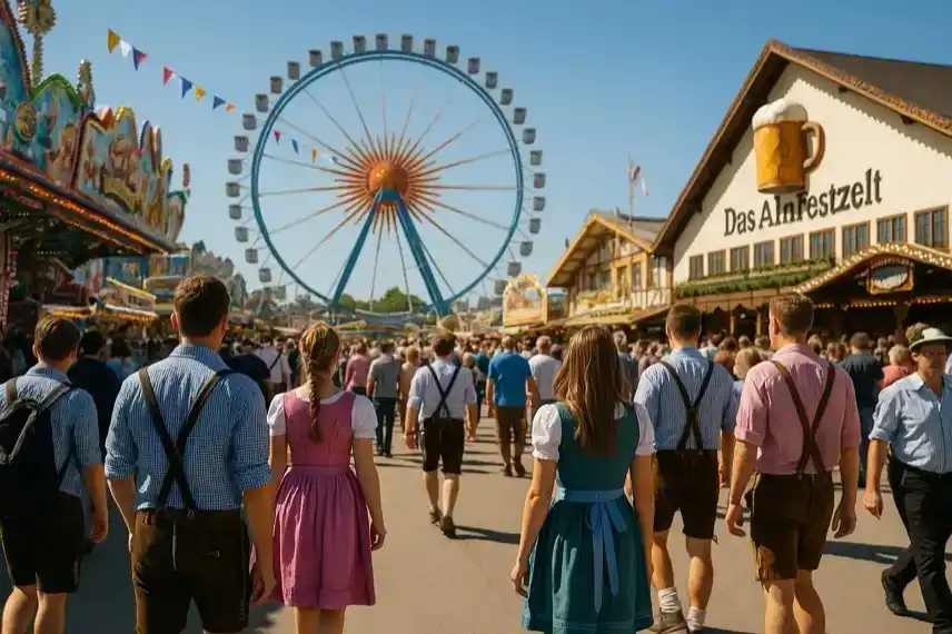 Cannstatter Volksfest 2025 in Stuttgart – Besucher in Dirndl und Lederhosen spazieren über das Festgelände mit Riesenrad und Festzelten im Hintergrund.