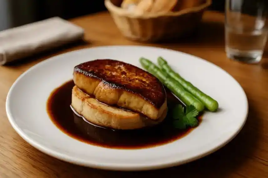 Foie gras auf weißem Teller im Restaurant, dargestellt zur Veranschaulichung des Konflikts zwischen Tierschutz und Gastronomie in Karlsruhe.