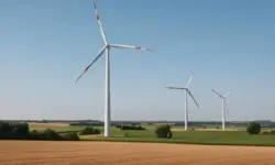 Drei moderne Windräder stehen auf einem sonnigen Feld bei Bruchsal – Symbolbild für den Bürgerentscheid zur Windkraft und das Thema Transparenz.